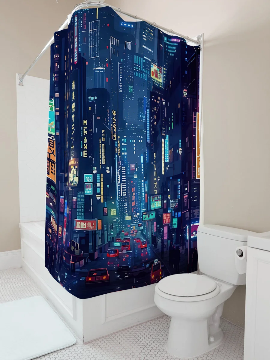 Cyberpunk Cityscape Shower Curtain Urban Nightlife Bath Decor Neon Signs Futuristic Architecture Sci-Fi Atmosphere Elevate Space