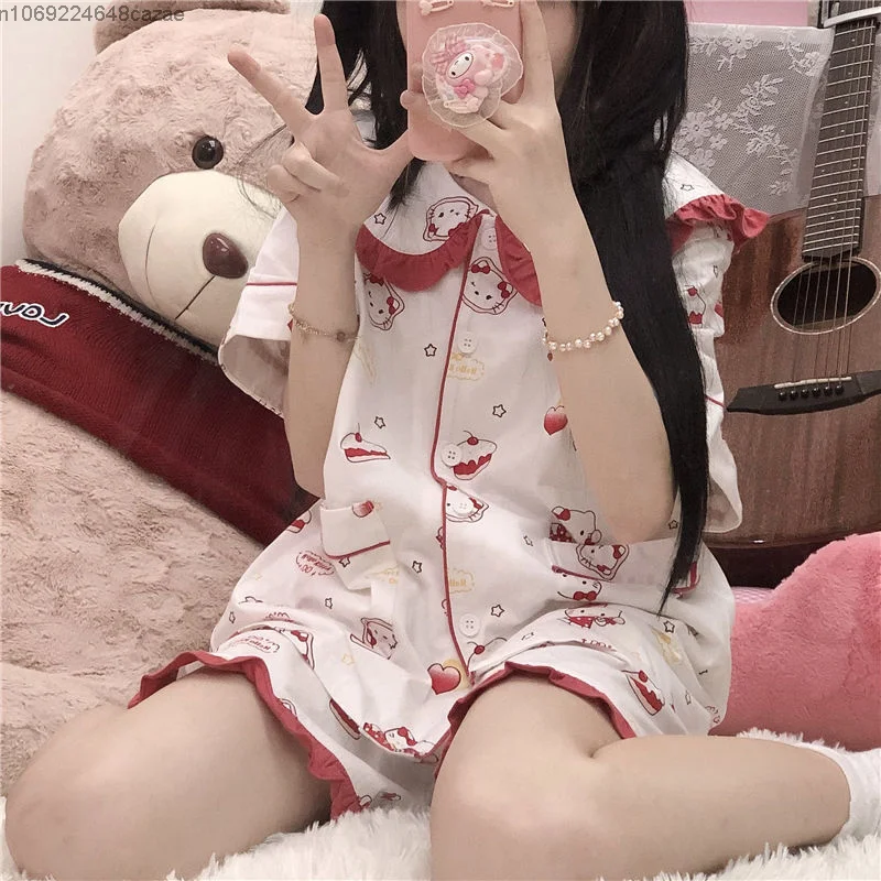 Sanrio Hello Kitty Printed Pajama Girl Cute Pattern Red Edge Homewear Soft Thin Short Sleeve Shorts Home Clothes Set For Women