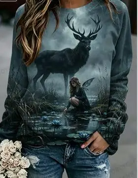 Women's Crew Neck Long Sleeve Sweatshirt Gothic Moon Black Panther Rose Print Casual Loose Pullover Tops