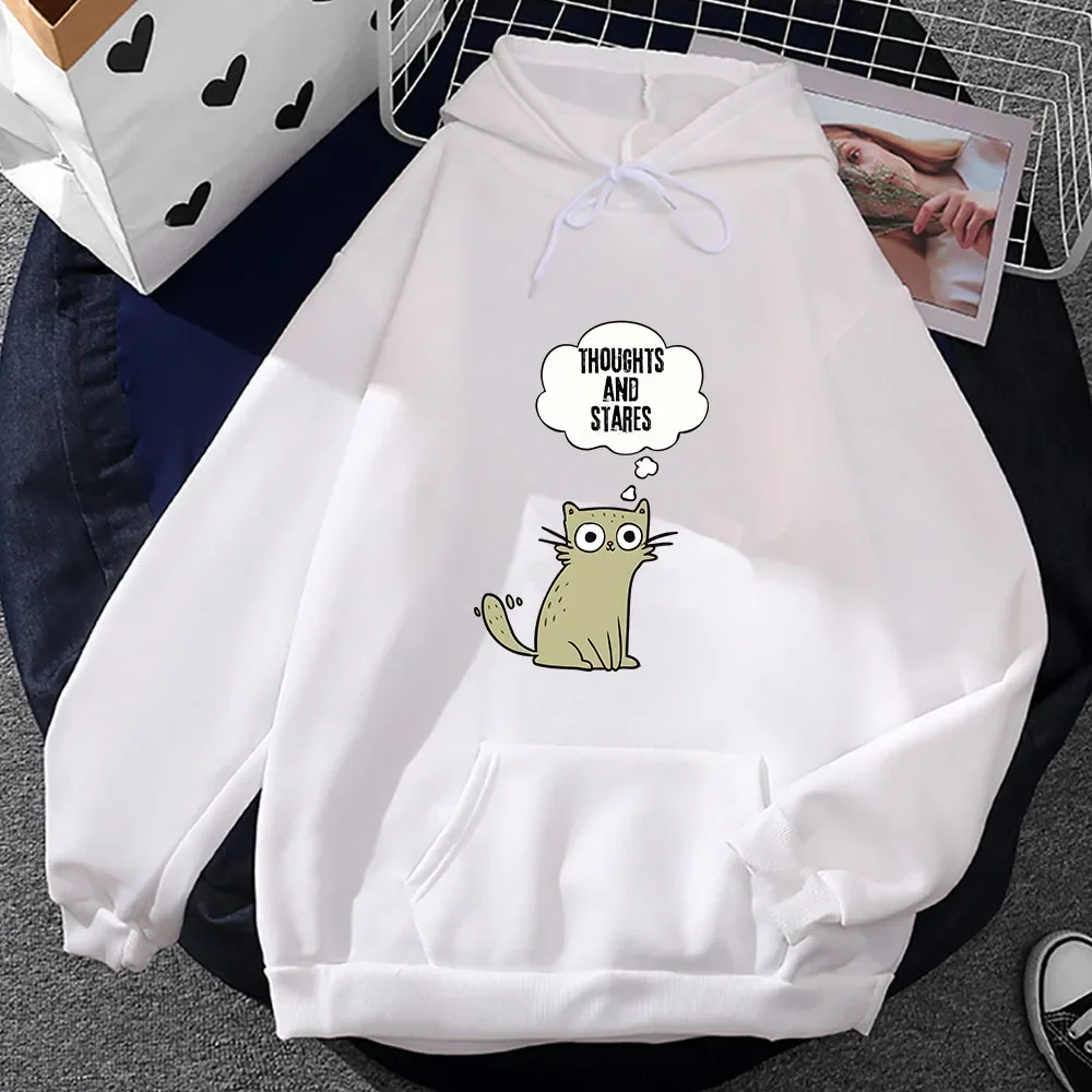 Thoughts and Stares Cute/kawaii Cat Print Clothes Unisex Autumn Prevalent Casual Sweatshirt Fleece O-neck Pullovers Anime Hoodie