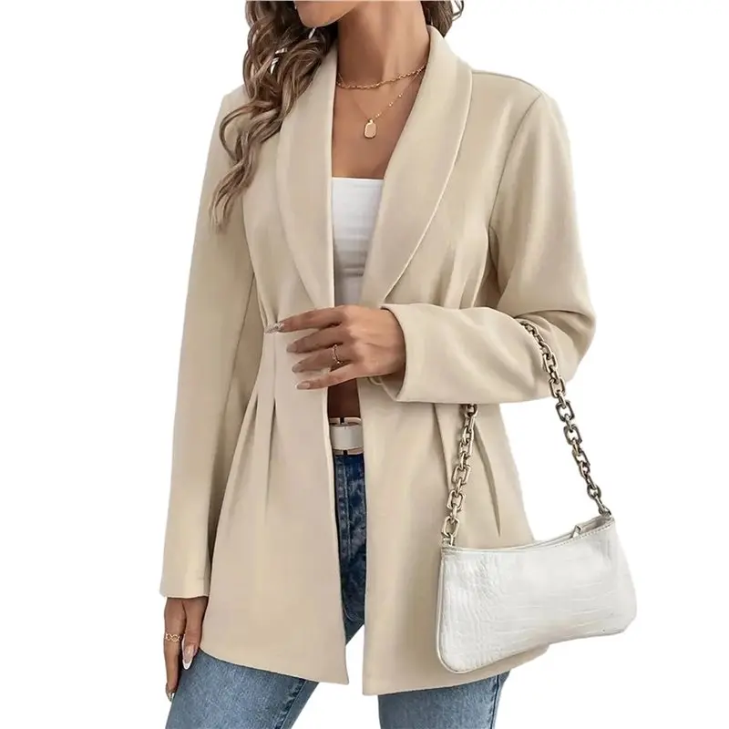 ABRT-Women's Elegant Wool Blend Blazer Tailored Slim Fit Jacket For Office Commute And Formal Occasions Apricot Color XL