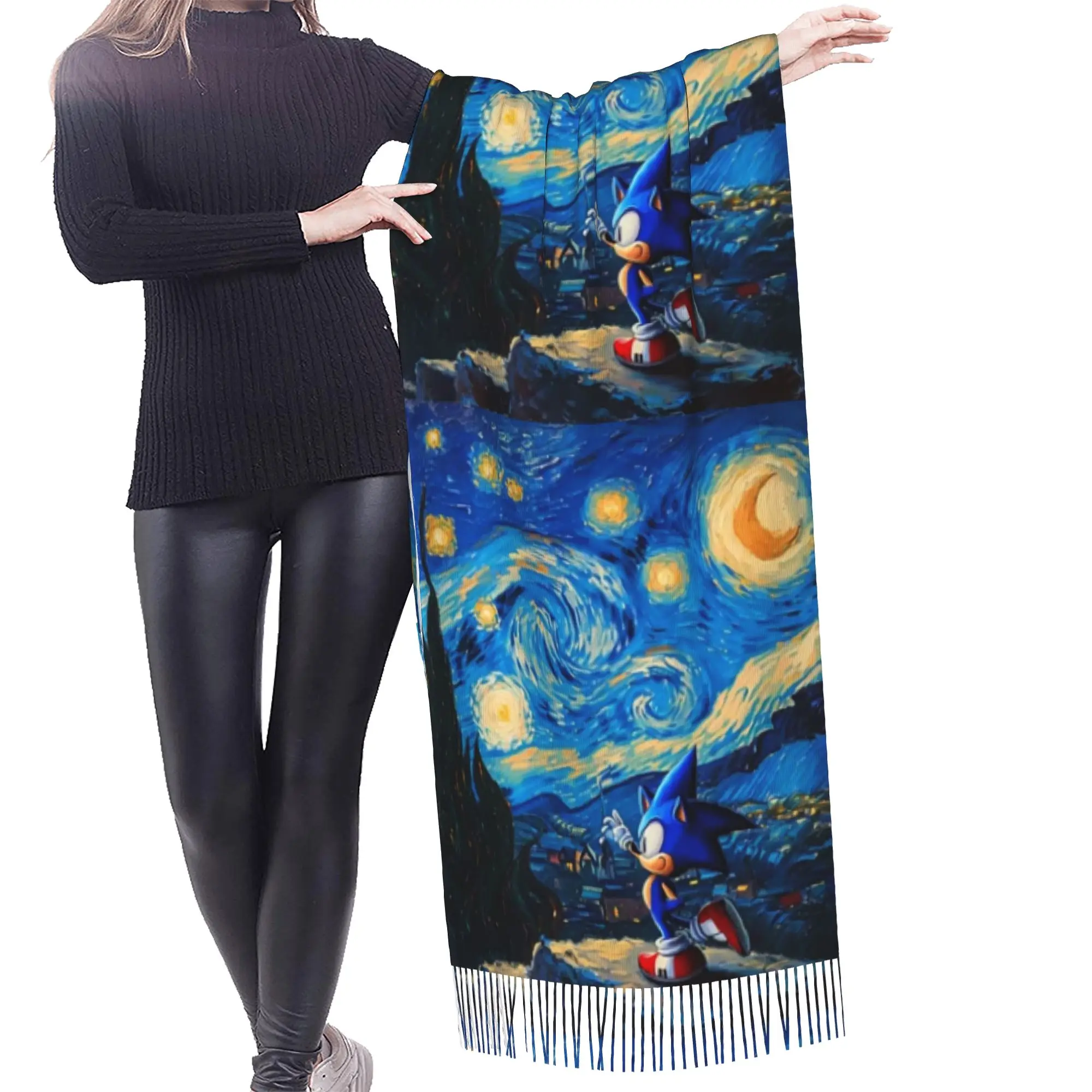 Custom Ladies Long S-Soniced Cartoon Scarves Women Winter Thick Warm Tassel Shawl Wraps Video Game Scarf