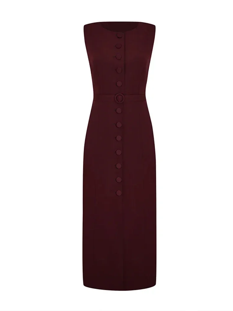 Nowa elegancka sukienka bez rękawów z pojedynczym dekoltem Paski damskie Bez rękawów O-neck Slim Dresses Commute Street Split Lady Vestidos