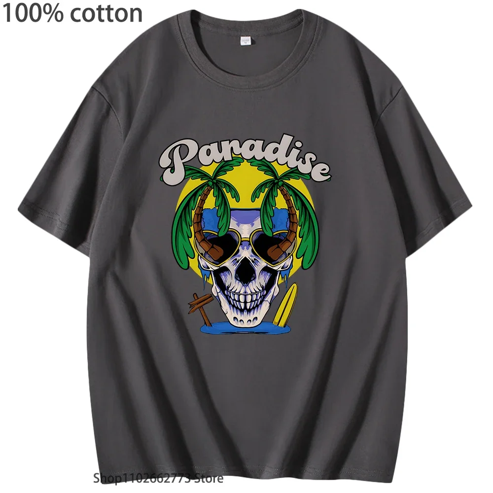 Skull Paradise Resort T Shirts Men/women Unisex T-shirts 100% Cotton Tshirts High Street Streetwear Short Sleeve Tee Shirt Pêche