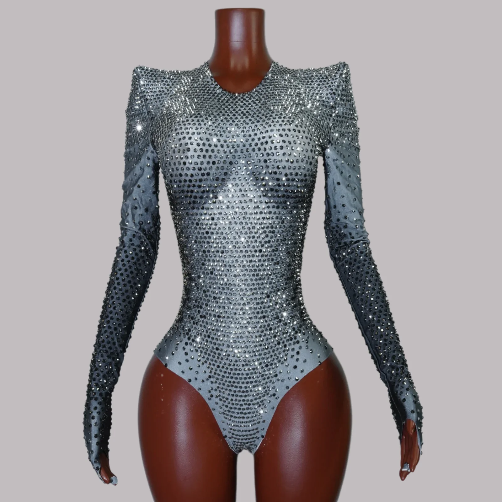 

gogo Sparkly Grey Luxury Rhinestones Leotard Group Bodysuit Party Birthday Bar Nightclub Outfit Drag Queen Pole Dance Stage Wear