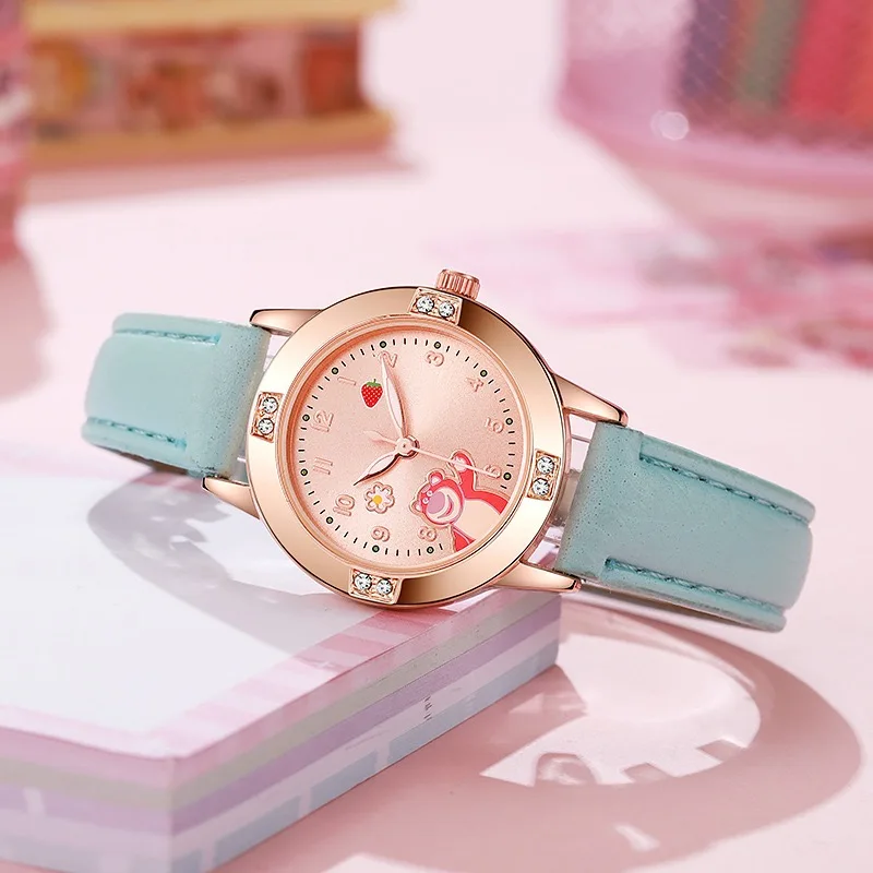 Детские часы Disney, детские кожаные ремешки с бриллиантами Kawaii Lotso Huggin, часы с медведем для девочек, кварцевые часы высокого качества, подарки
