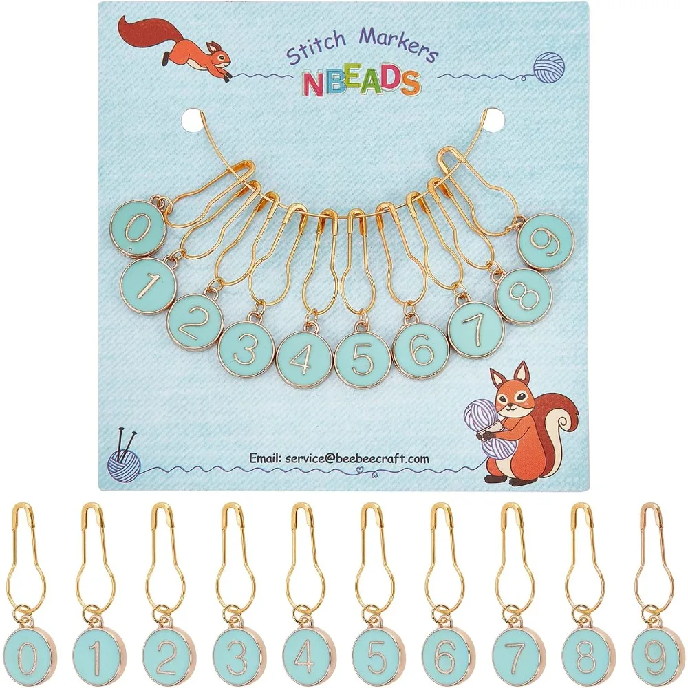 10 Pcs Number 0~9 Stitch Markers Alloy Enamel Crochet Stitch Marker Charms Locking with Iron Calabash Pins for Knitting Weaving