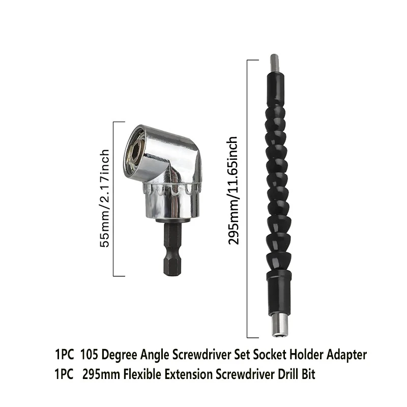 Adjustable 105 Degree Right Angle Driver Screwdriver Tool Set 1/4 Hexagonal Shank for Hand Drill Bit Adapter Flex Shaft Extensio