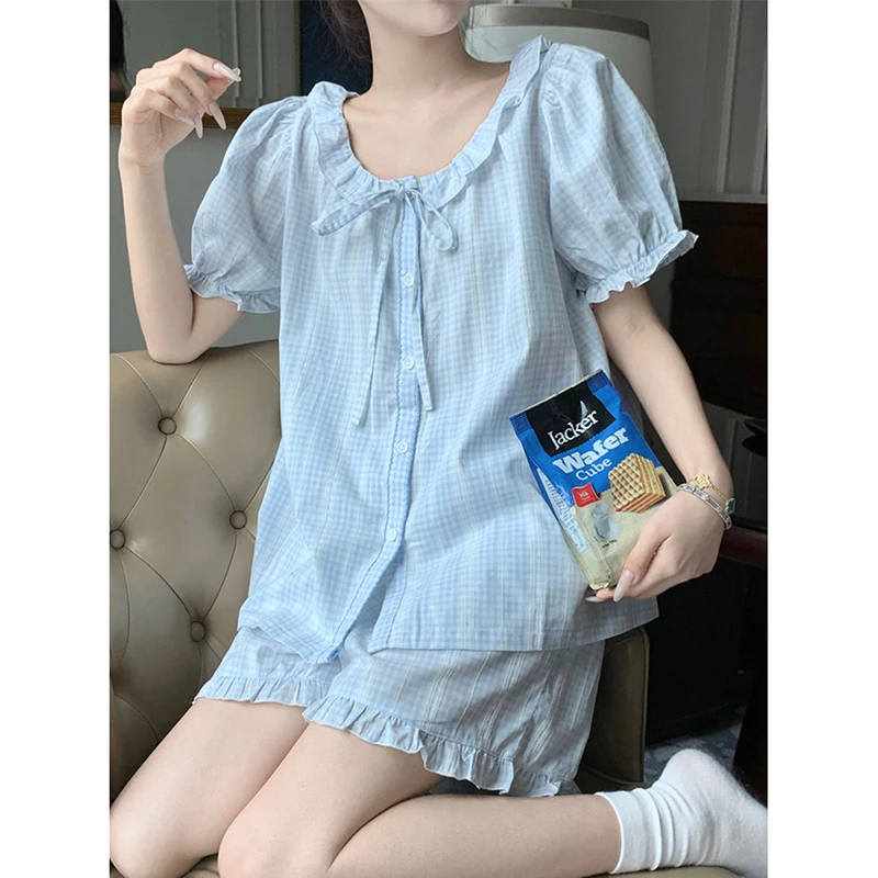 Plaid Sleepwear Shorts Women Pajamas Sets Summer Korean Piiama Ruffles Sets for Women 2 Pieces Button Night Wears Home Suit 2024