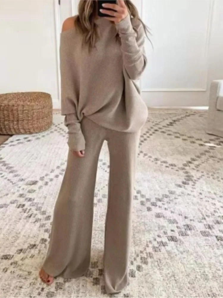 Moda z długimi rękawami i kołnierzykiem Bateau Top + spodnie z szerokimi nogawkami 2-częściowy zestaw damski Elegancki jesienny luźny garnitur z dzianiny w jednolitym kolorze dla kobiet