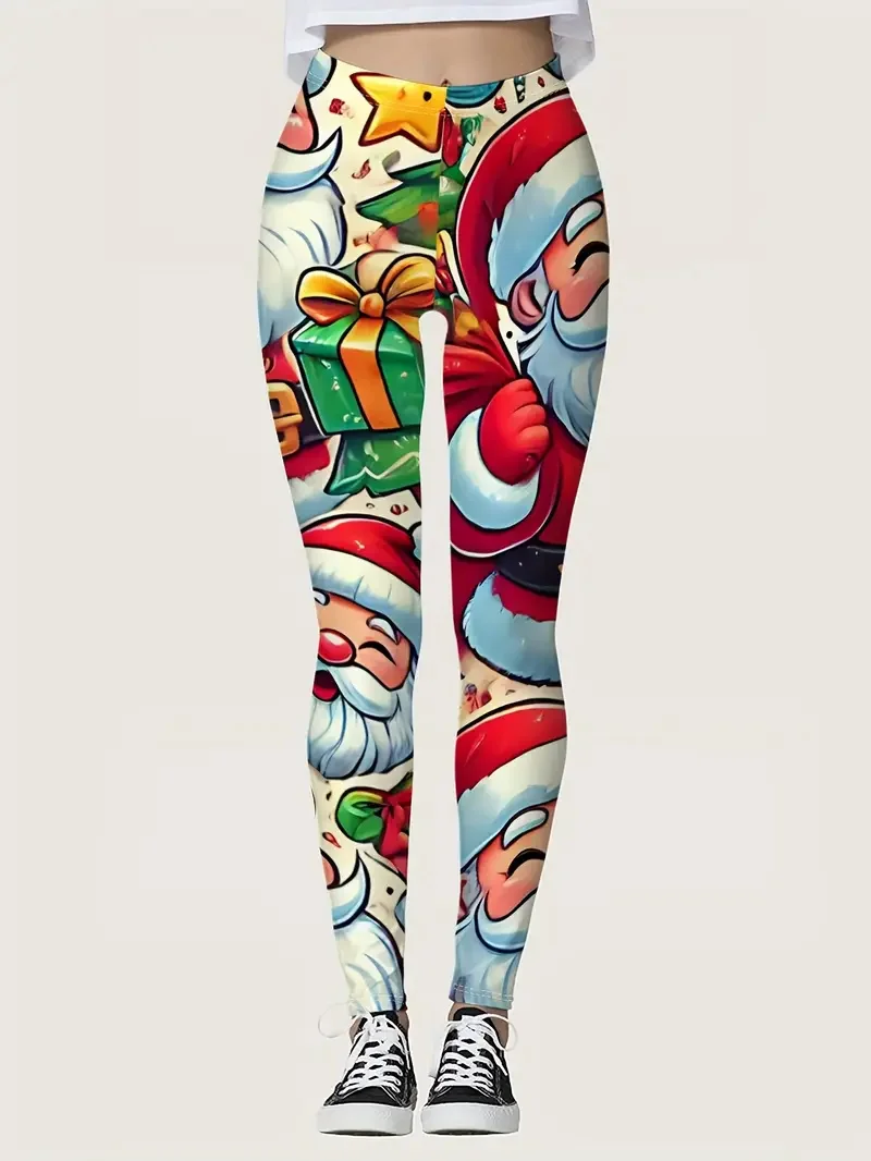 سروال يوجا برسومات الزنجبيل لعيد الميلاد للنساء، نمط سانتا كلوز اللطيف، سروال مرن للحفلات والمهرجانات، كاجوال عالي الخصر #4