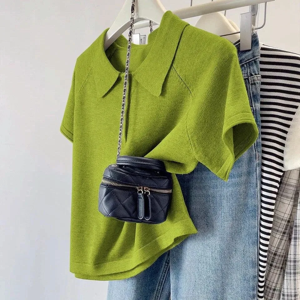 스웨터 반팔 니트 스웨터 여성 풀오버 신상 화이트 블랙 턴다운 칼라 니트 스웨터 풀오버 여성 상의 Q2667