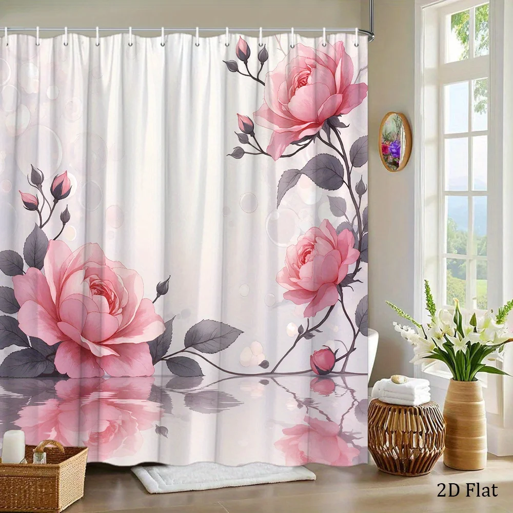 1pc a Shower Curtain Featuring Pink Roses And Black Vines, Designed with a Reflective Water Pattern, Suitable for Bathroom Decor
