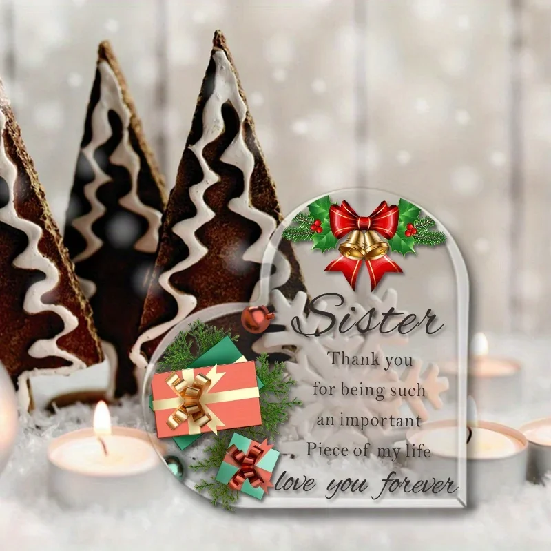 Sister Appreciation Heart‑Shaped Acrylic Plaque, Christmas Bell Gift Box Table Decor