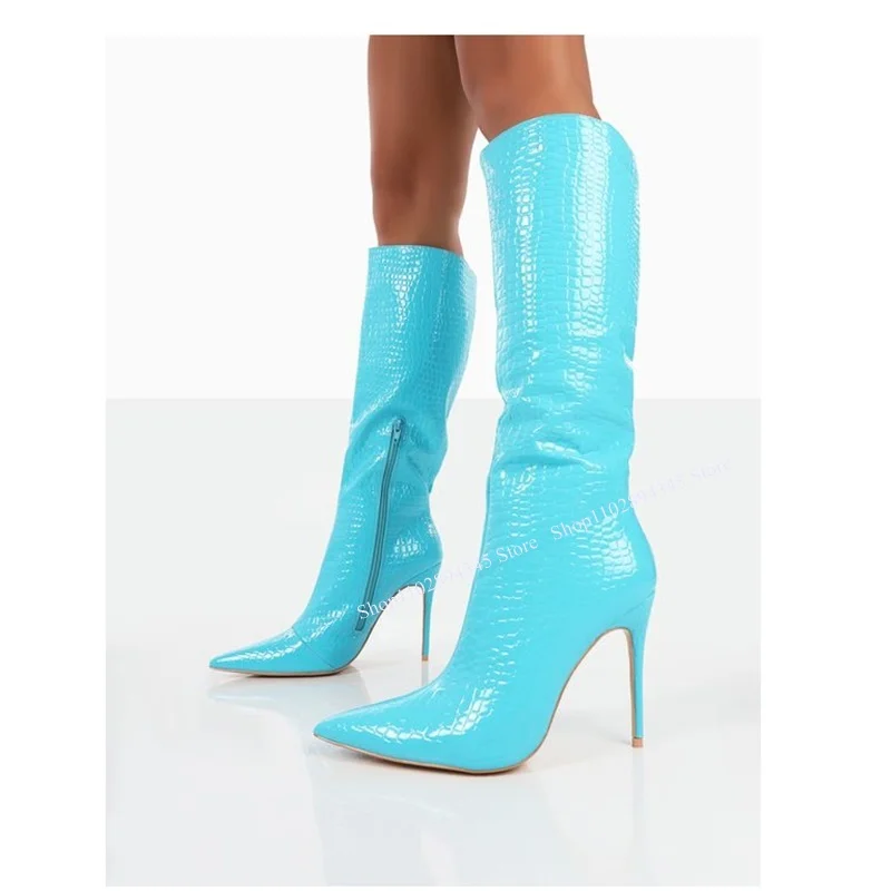 Botas altas de joelho com zíper para mulheres, salto alto fino, tamanho grande, casual e elegante, sexy e legal, azul, verão