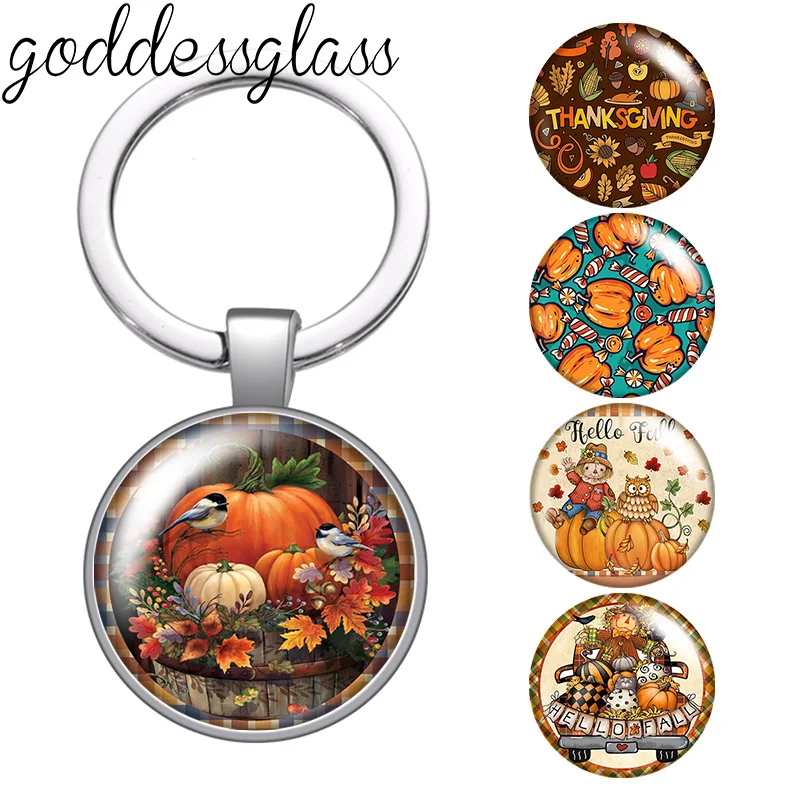 Thanksgiving Day Fall festival pumpkin Photos 25mm glass cabochon keychain Bag Car key chain Ring Holder Charms keychains