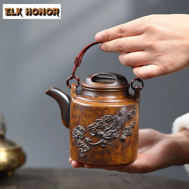 450ml Yixing Purple Clay Teapots Handmade Embossment Dargon Pot Raw Ore Mud Tea Making Kettle With Infuser Chinese Zisha Tea Set