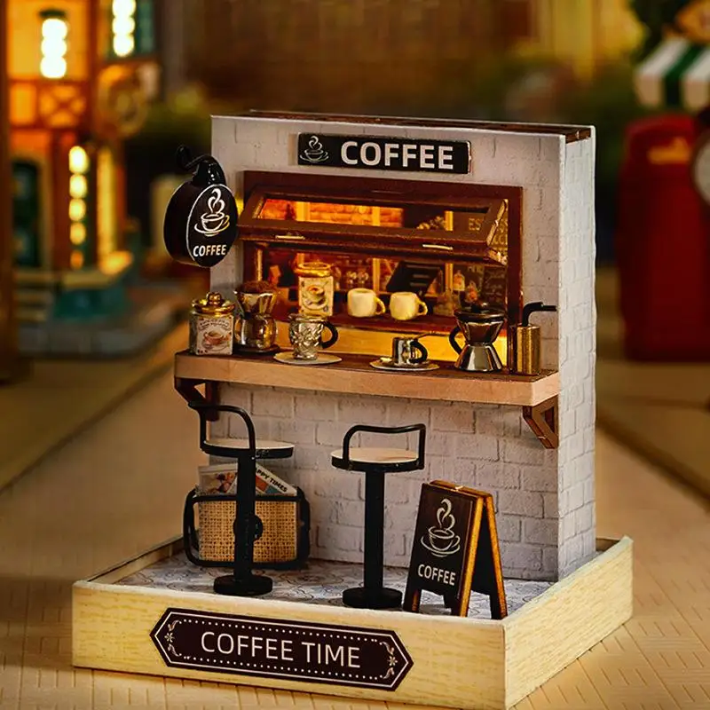 مجموعة نماذج منزلية خشبية ثلاثية الأبعاد من OUZEY "وقت القهوة المريحة" - حرفة تجميع المقهى المصغرة، هدية ديكور مكتب منزلي مبتكرة للبالغين #1