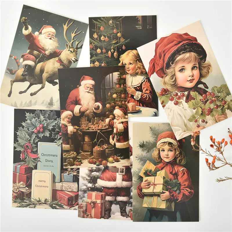 10Pcs Retro Christmas Cards Cartoon Postcards Message Greeting Card 4x6\