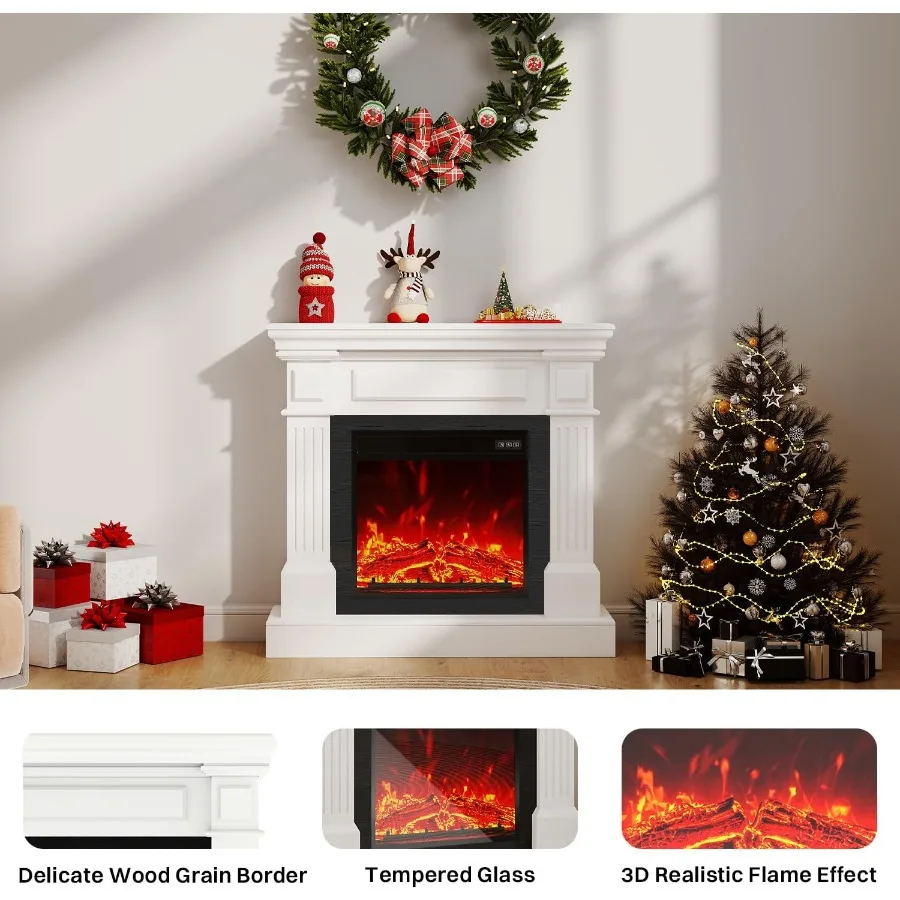 35 مدفأة كهربائية مع رف 18 بوصة مدفأة كهربائية واقعية للغاية ثلاثية الأبعاد لهب زر التحكم عن بعد مدفأة بيضاء Ma