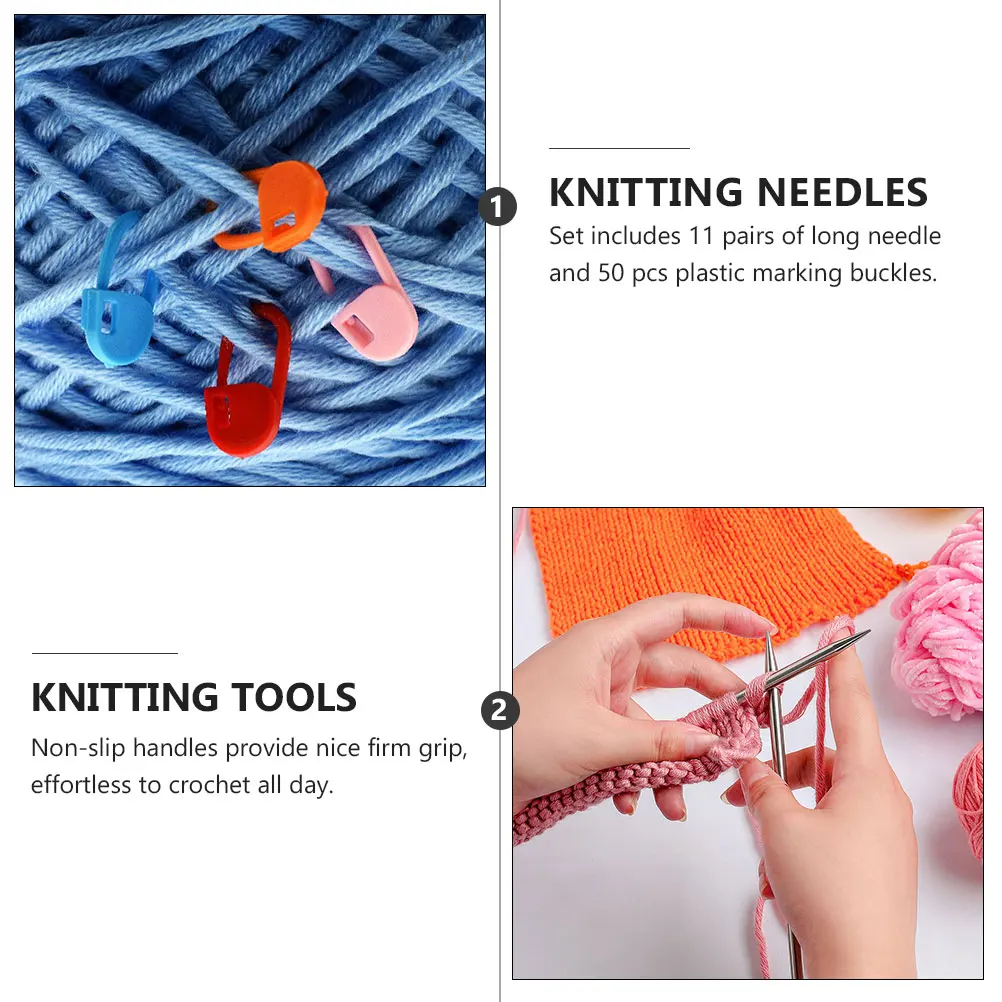 

61 Pcs Stainless Steel Knitting Needles Weaving Set 11 Long Needle Pairs 50 Marking Buckles Non Slip H les Crochet Tools