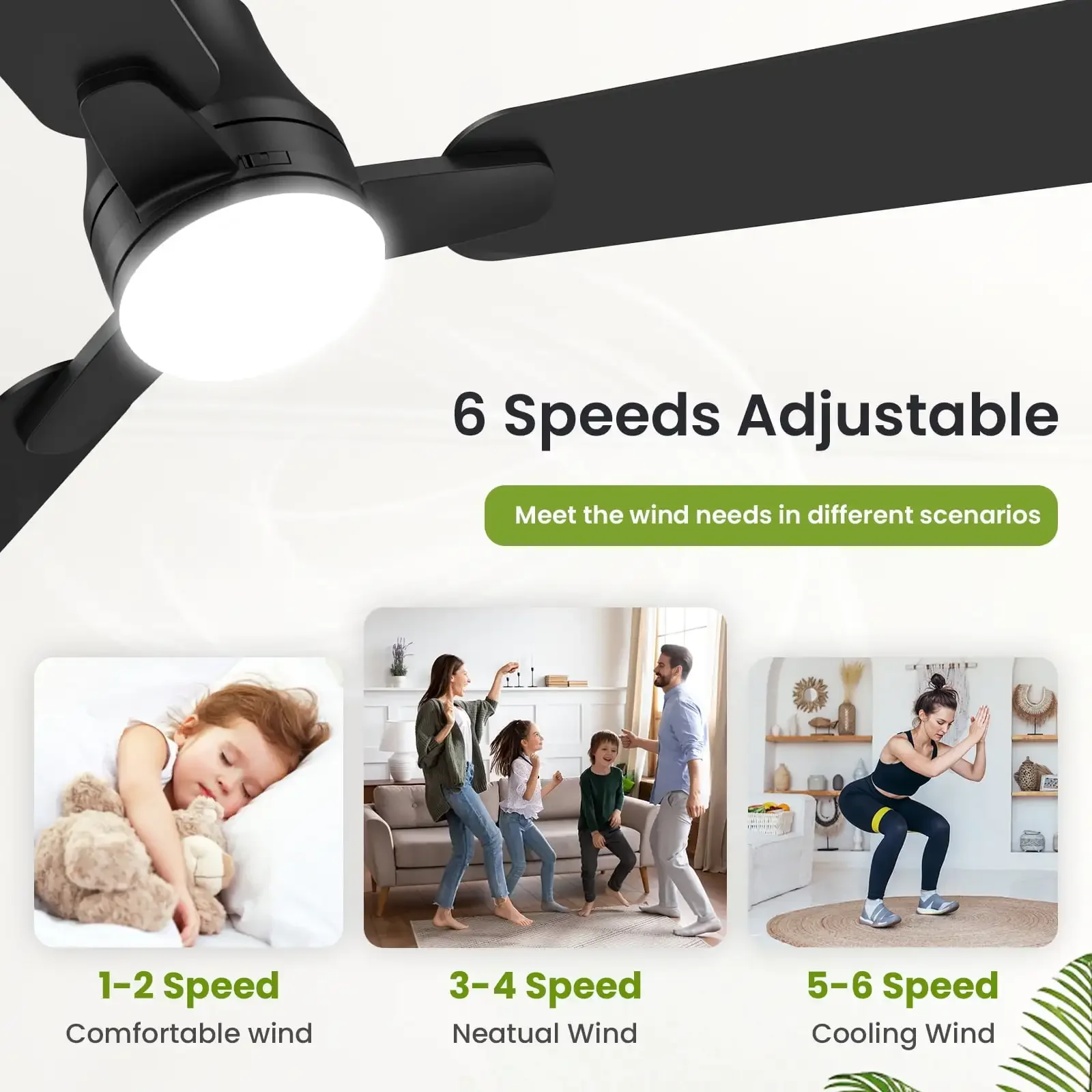 52" Lighted Ceiling Fan: 6-Speed ​​Modern Ceiling Fan with Remote, Flush Mount, Reversible DC Motor for Indoor and Outdoor Use