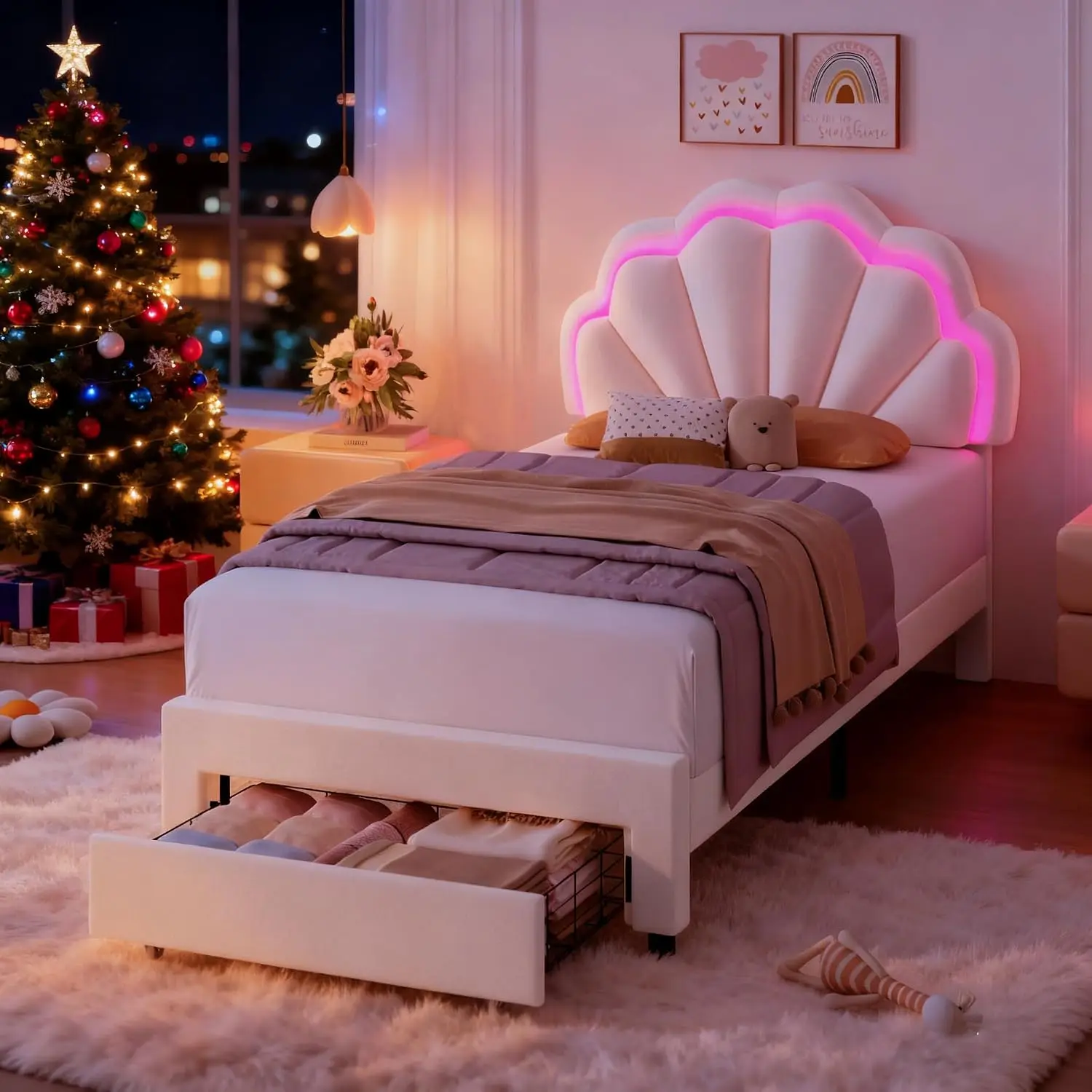Girls Twin Upholstered LED Bed Frame Petal Headboard Storage Beige DoublePetal Style Soft Velvet Large Drawer No Box Spring Easy
