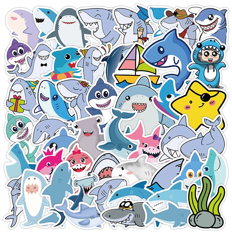 50PCS Cartoon Shark Stickers Cute Marine Animals Graffiti Waterproof Decal Luggage Stationery Helmet Bottle Decoration Decals