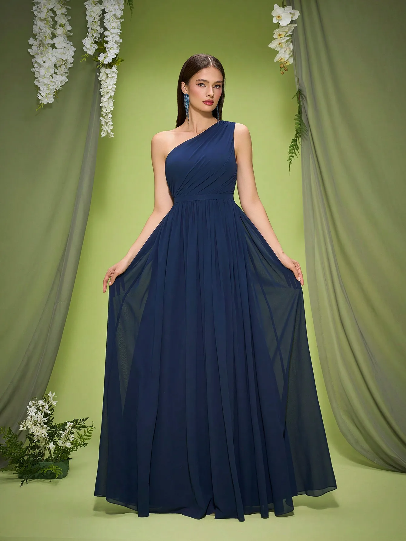 dark blue dress for wedding guest Talisea Plus Size Formal Navy V Neck Chiffon Gown Straight Neckline Navy Blue Wedding Guest Dresses
