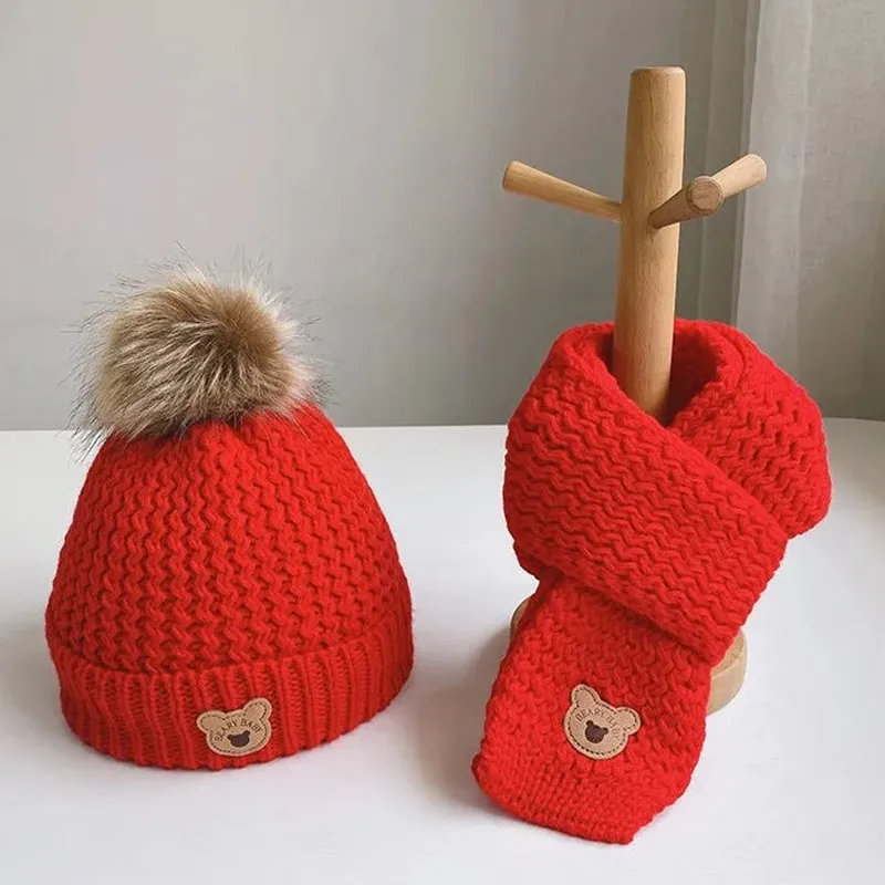 Topi Pompom bola bayi, tutup kepala hangat + syal Set untuk musim gugur dan dingin