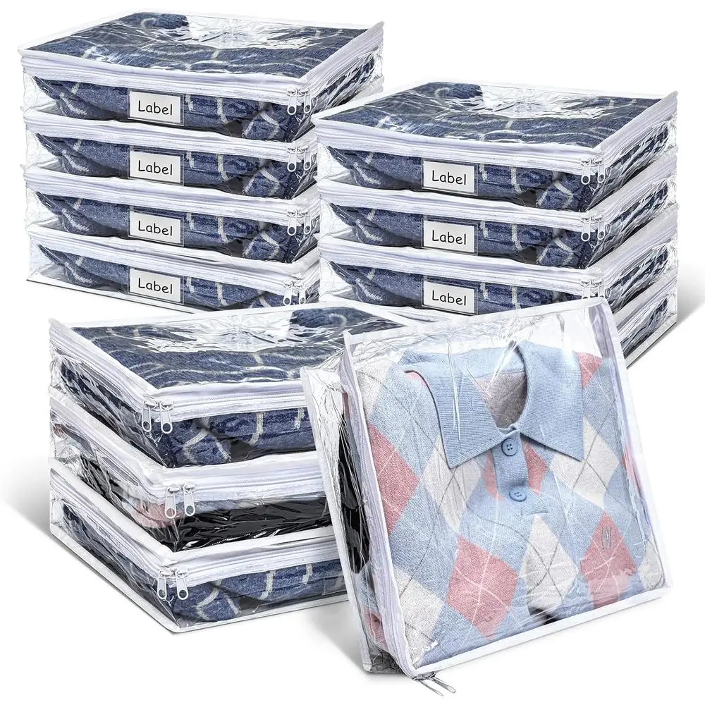 

12 Pcs Clear Zippered Storage Bags Plastic Sheet Storage Sweater Bags With Zipper And Label Closet Linen Pillow (14 x 12 x 3 Inc