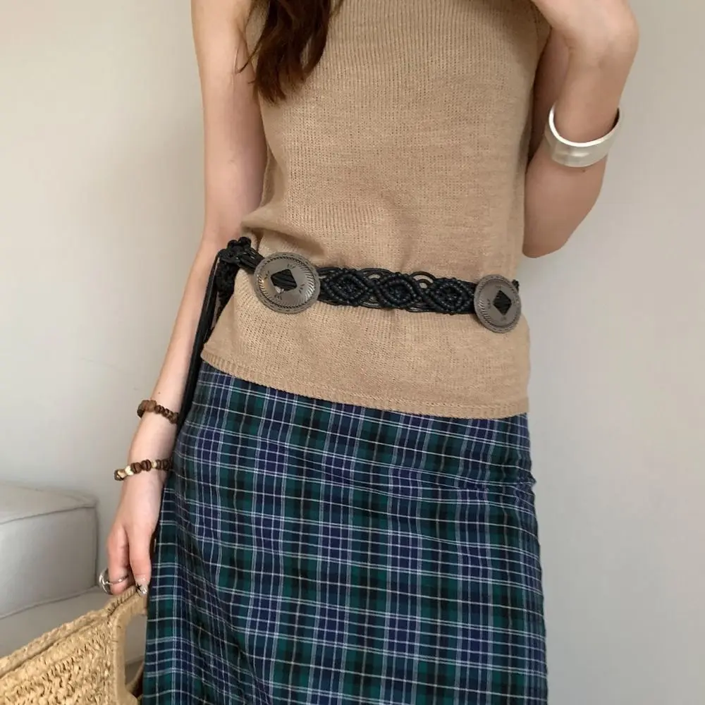 

Simple Waistband Ethnic Style Weave Belt Hollow woven Bohemian Style Belt Retro Round Ring Tassel Waist Chain Beach