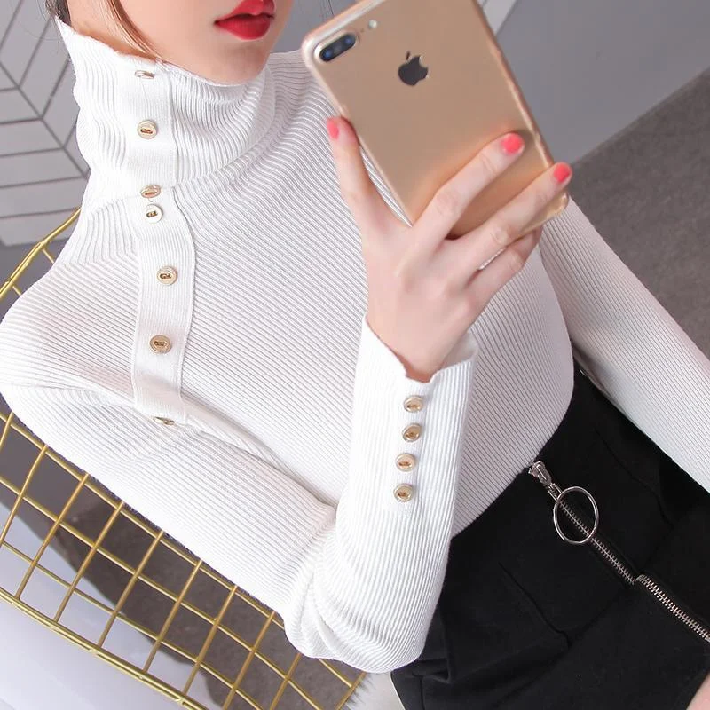 Autumn Winter Women Turtleneck Button Chic Basic Knitwear Elegant Office Lady Solid Pullover Top Knitted Sweater Jumper Clothing