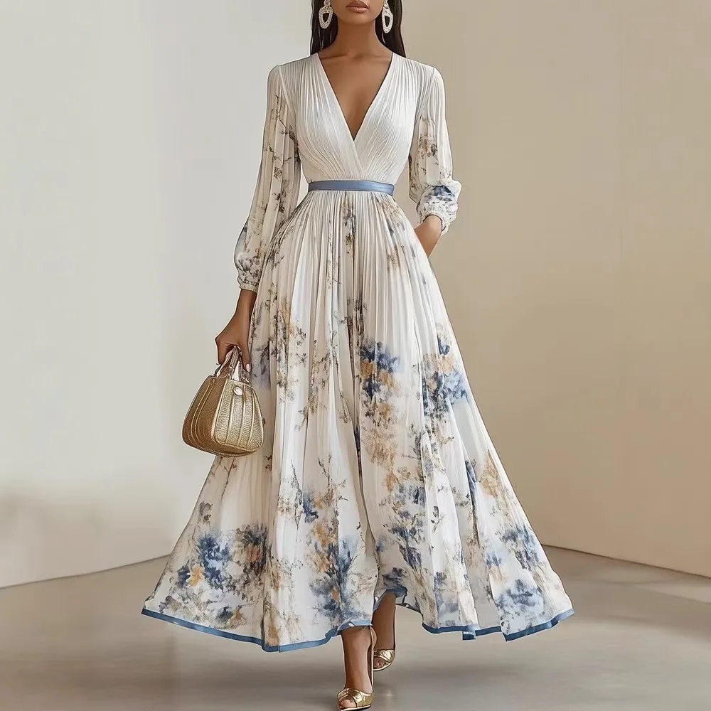 2026 Frühling Langarm Boho Maxikleid Damen Elegantes Blumenmuster A-Linie Plissiertes Kleid Sexy Tiefer V-Ausschnitt Hohe Taille Langes Kleid