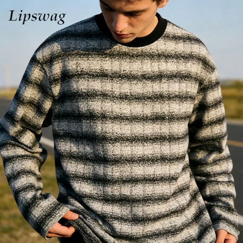 

Casual Striped Crochet Knit Sweaters Mens Stylish Long Sleeve Crew Neck Knitting Jumper Tops Men Spring Vintage Knitted Sweater