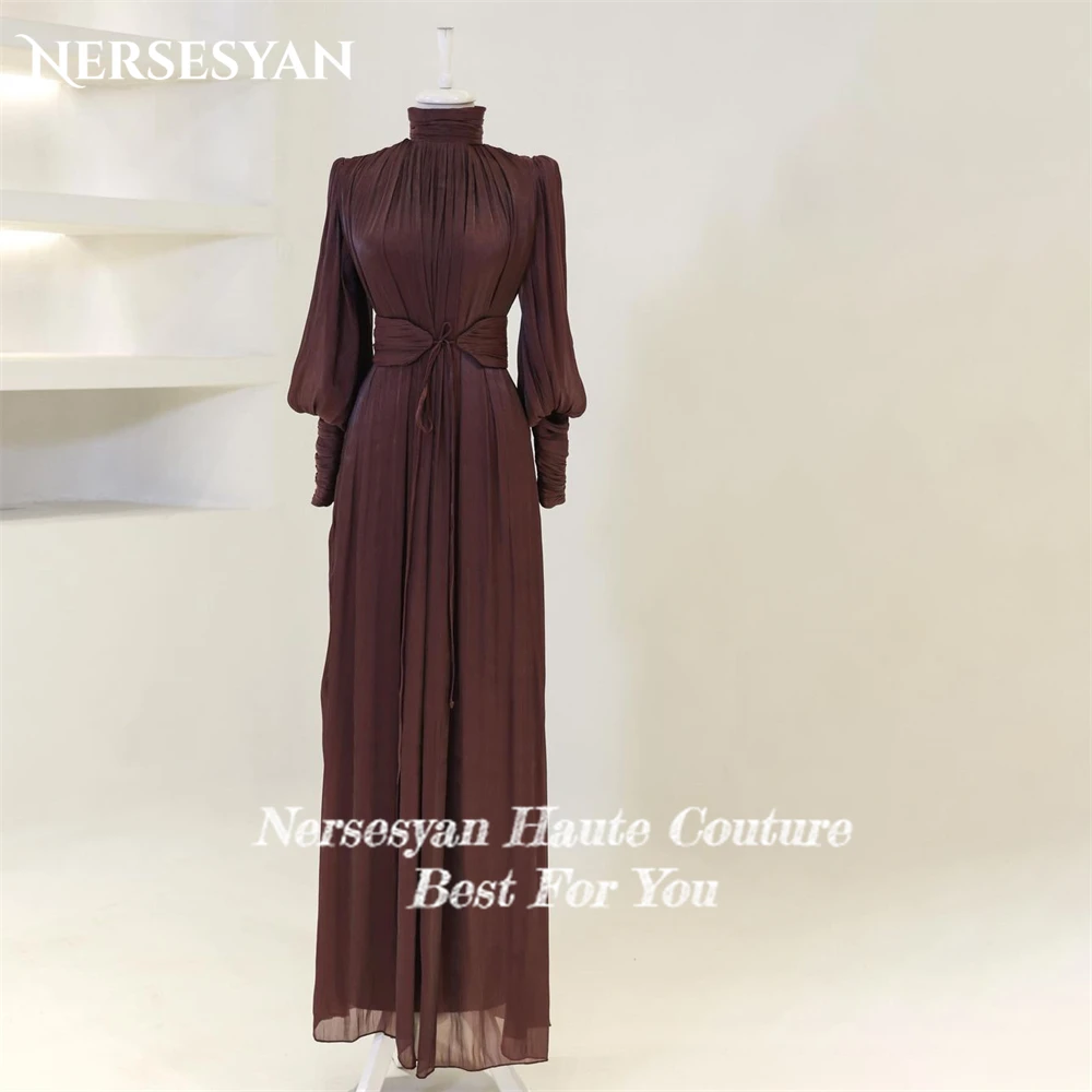 Nersesyan Solid Muslim Formal Evening Dresses High Neck A-Line Lantern Sleeves Prom Dress For Wedding Belt Pleats Party Gowns