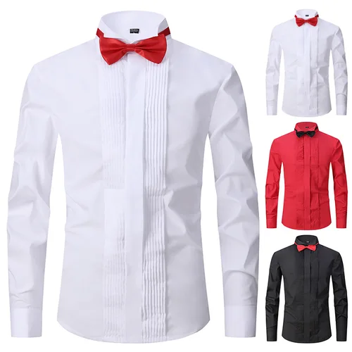 Esmoquin de boda para hombre, camisa de vestir de manga larga, gemelos franceses, pliegue de cola de golondrina, diseño de botones oscuros, caballero, blanco, rojo, negro