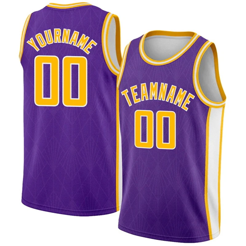 

Custom Basketball Jersey Tank Top Printed Team Name & Number Logo For Adult Kid Youth, Personalized Gold Purple Basketball Shirt