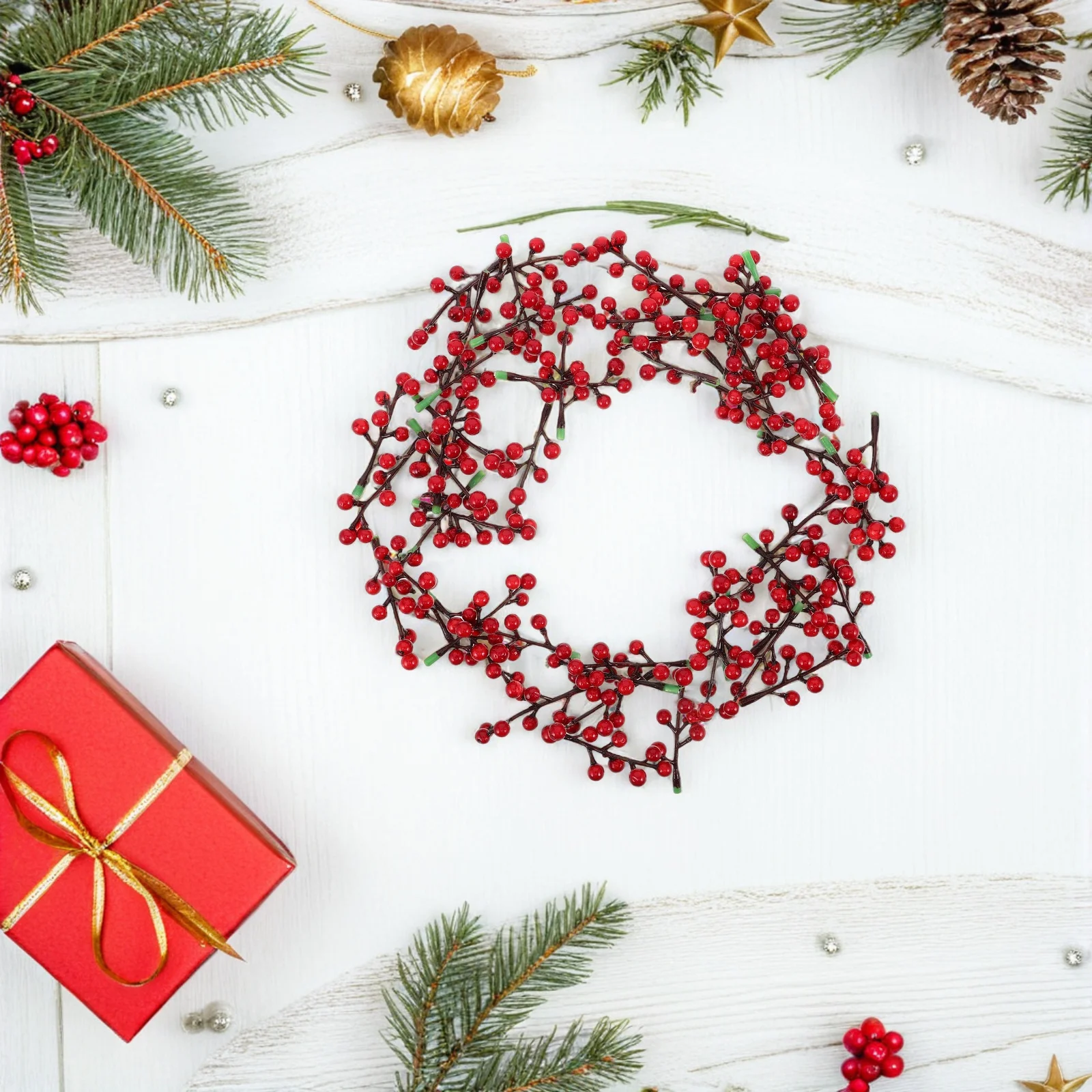 

50Pcs Faux Red Berry Stems Christmas Decorations Artificial Berry Branches 7-Heads Small Vibrant Foam Berries for DIY Holiday