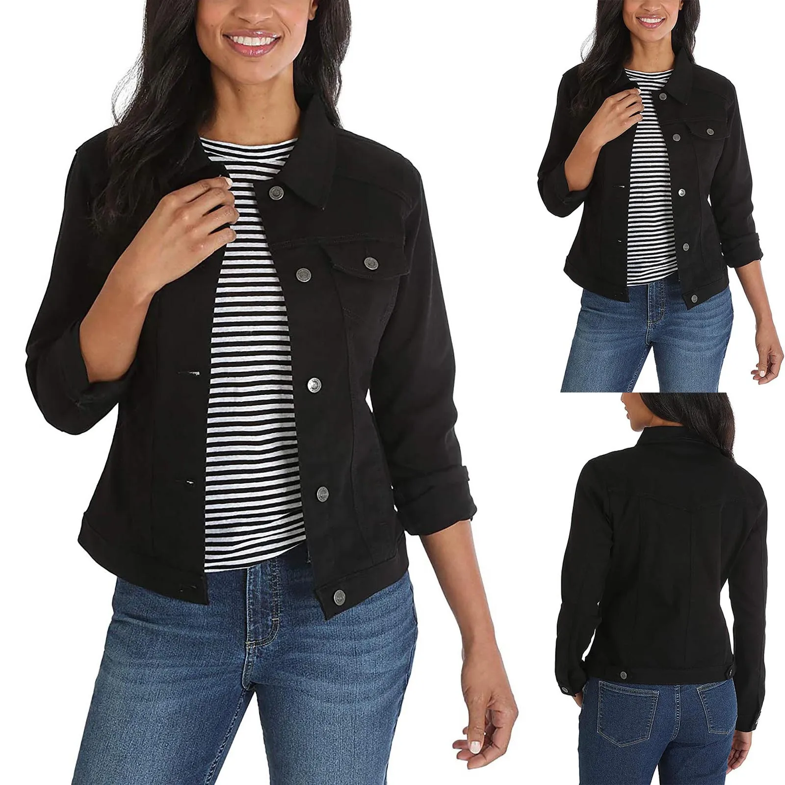 Women\'s Casual Cropped Denim Jacket Western Basic Lapel Button Up Long Sleeve Trucker Jean Jacket Biker Coat Tops