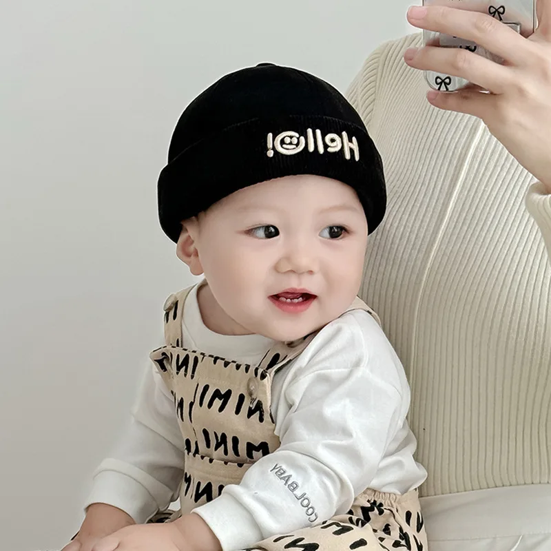 

Embroidery Letter Baby Landlord Hat Autumn Suede Dome Brimless Cap 1-3Year Boy Girl Children Brimless Hat Adjustable Kids Bonnet