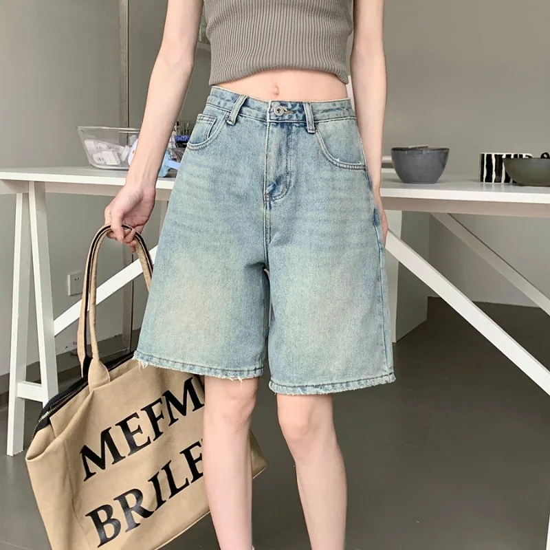 Denim Shorts Women Y2k Vintage Midi Baggy High Street Trendy Cool College Korean Style Fashion Casual Daily Summer Students Cozy