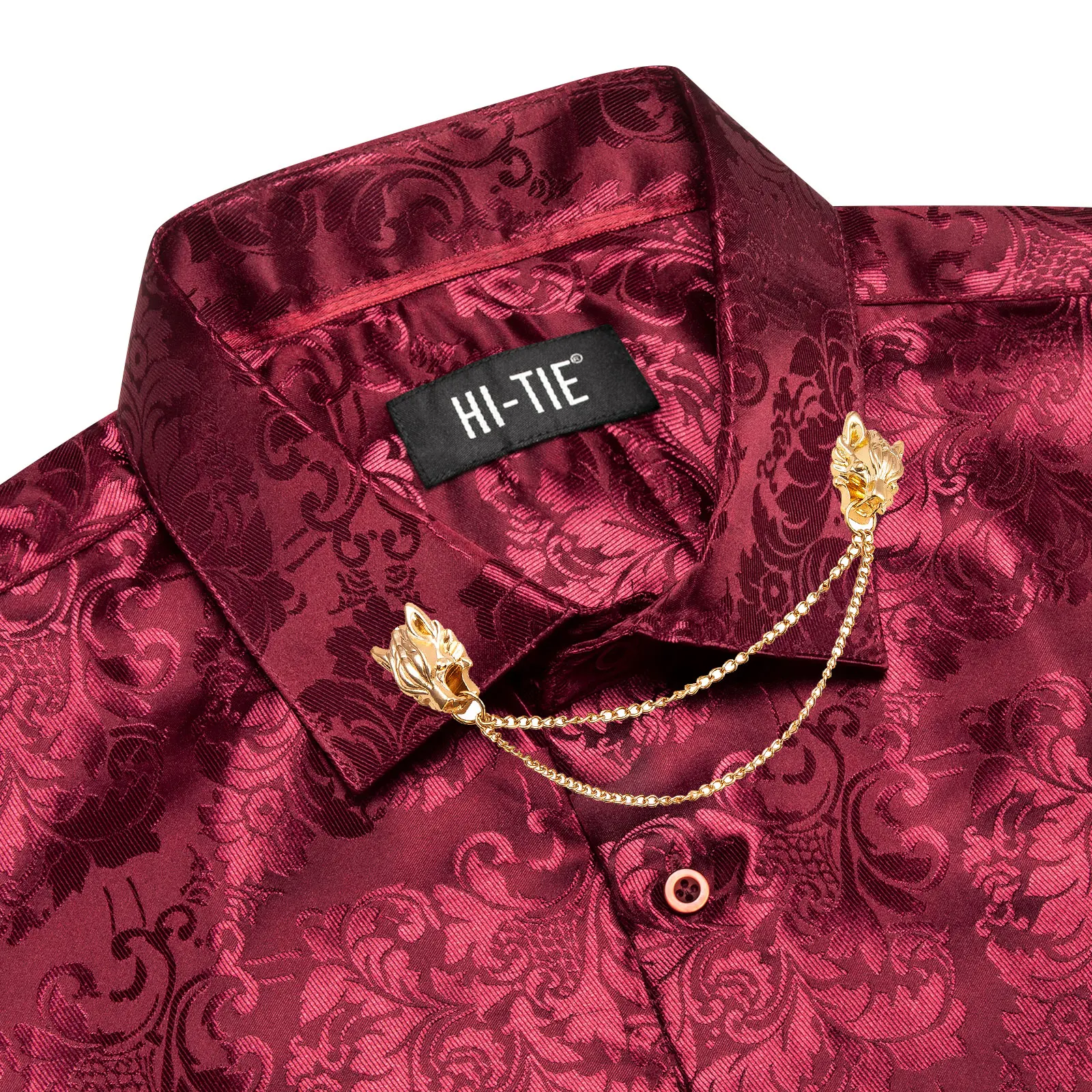 

Hi-Tie Mens Red Shirts Floral Pattern Long Sleeve Button Down Regular Dress Lapel Shirts Gift Party Business Wedding With Chain
