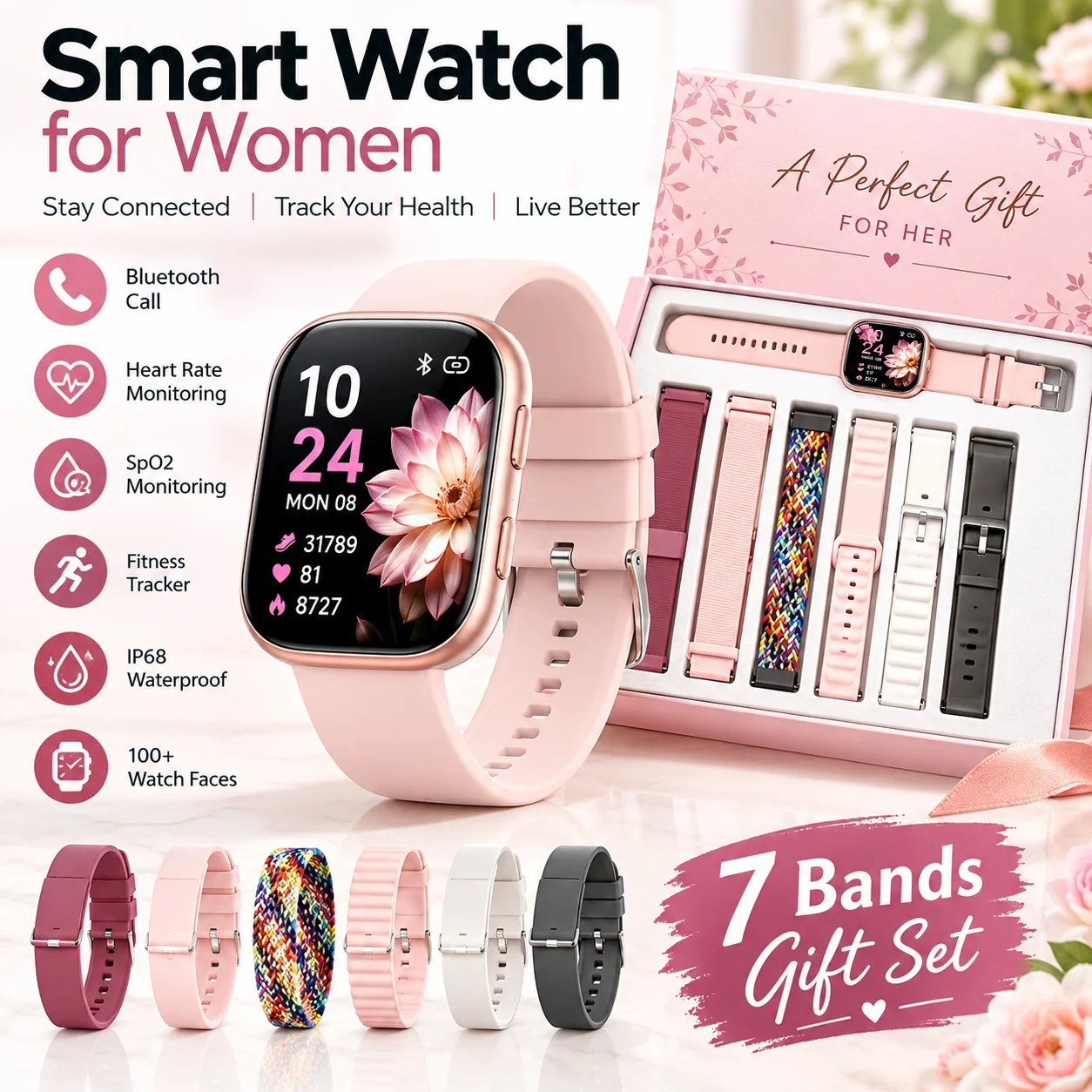 Smartwatch Donna Versione Aggiornata Schermo HD 1,83" Oltre 115 Modalità Sportive Monitor Battito Cardiaco Sonno Tracciamento Ciclo Mestruale Impermeabile IP68 Confezione Regalo con 7 Cinturini Regalo
