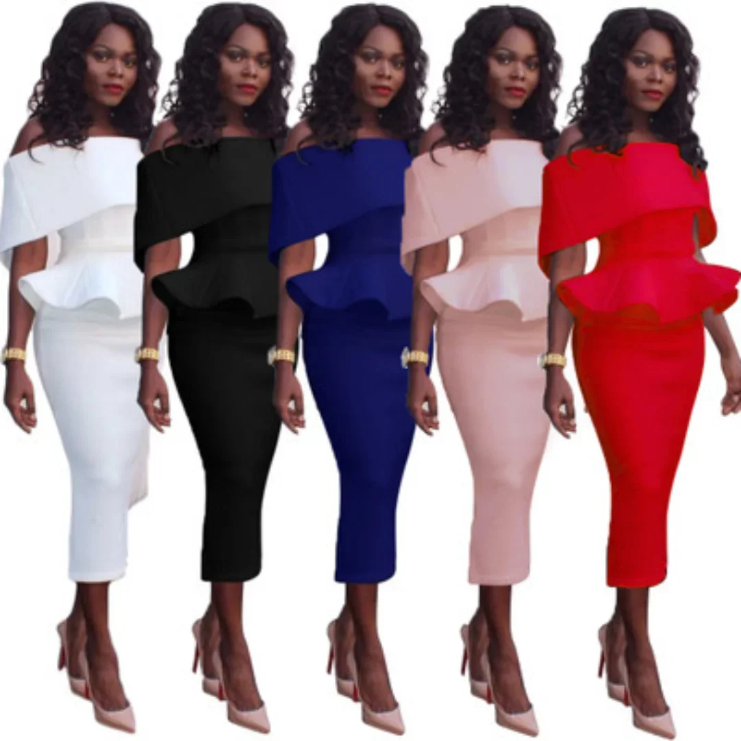 

Women Formal Party Slim Vestidos Summer Slash Neck Off Shoulder Work Office Business Bodycon Peplum Dress