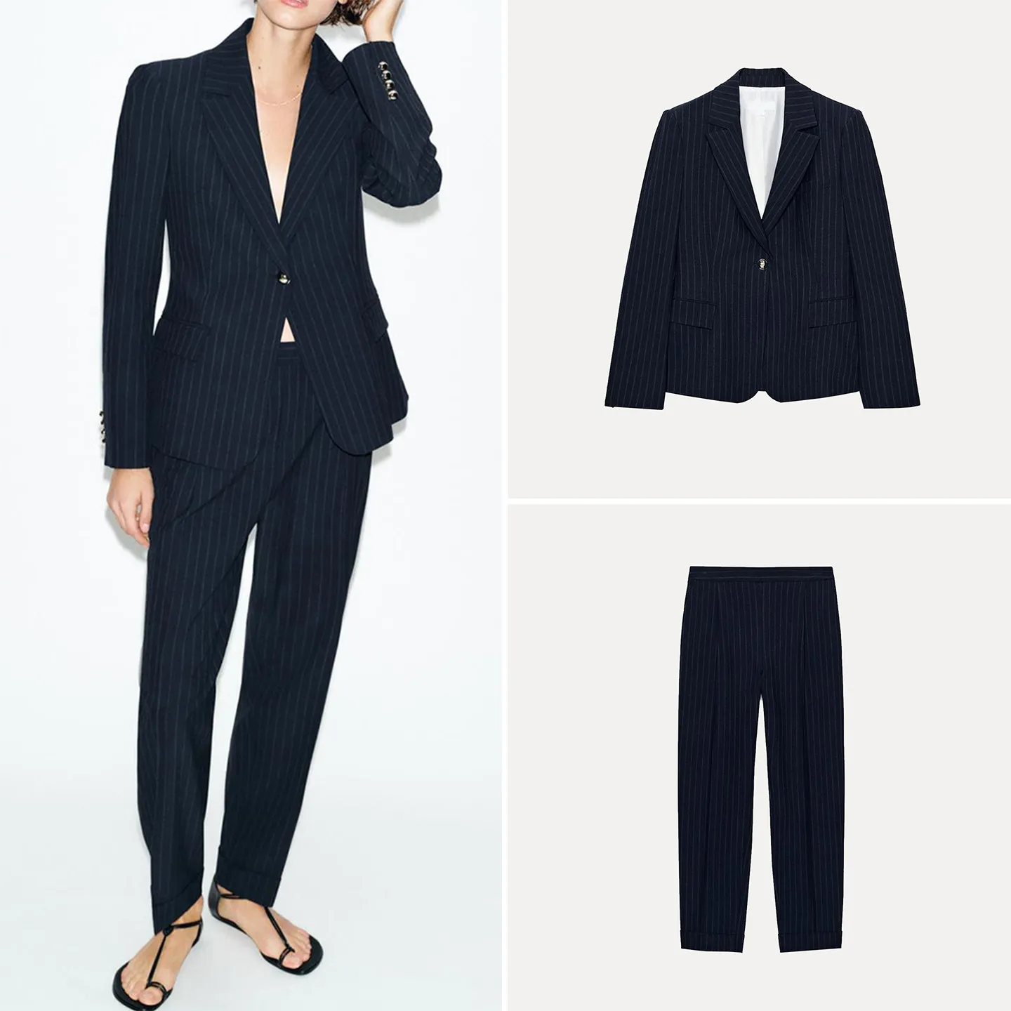 

Women's Spring 2026 Slim Stripe Suit Jacket High Waist Pleated Pants Two-Piece Set Long Sleeve Button-Up Striped Fashion Ense...