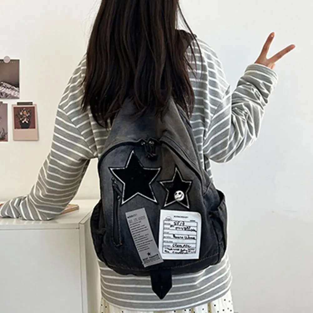 Fashion Large Capacity Denim Star Backpack Y2K All Match Double Shoulder Bag Unisex Star Pattern Students Backpack Outdoor