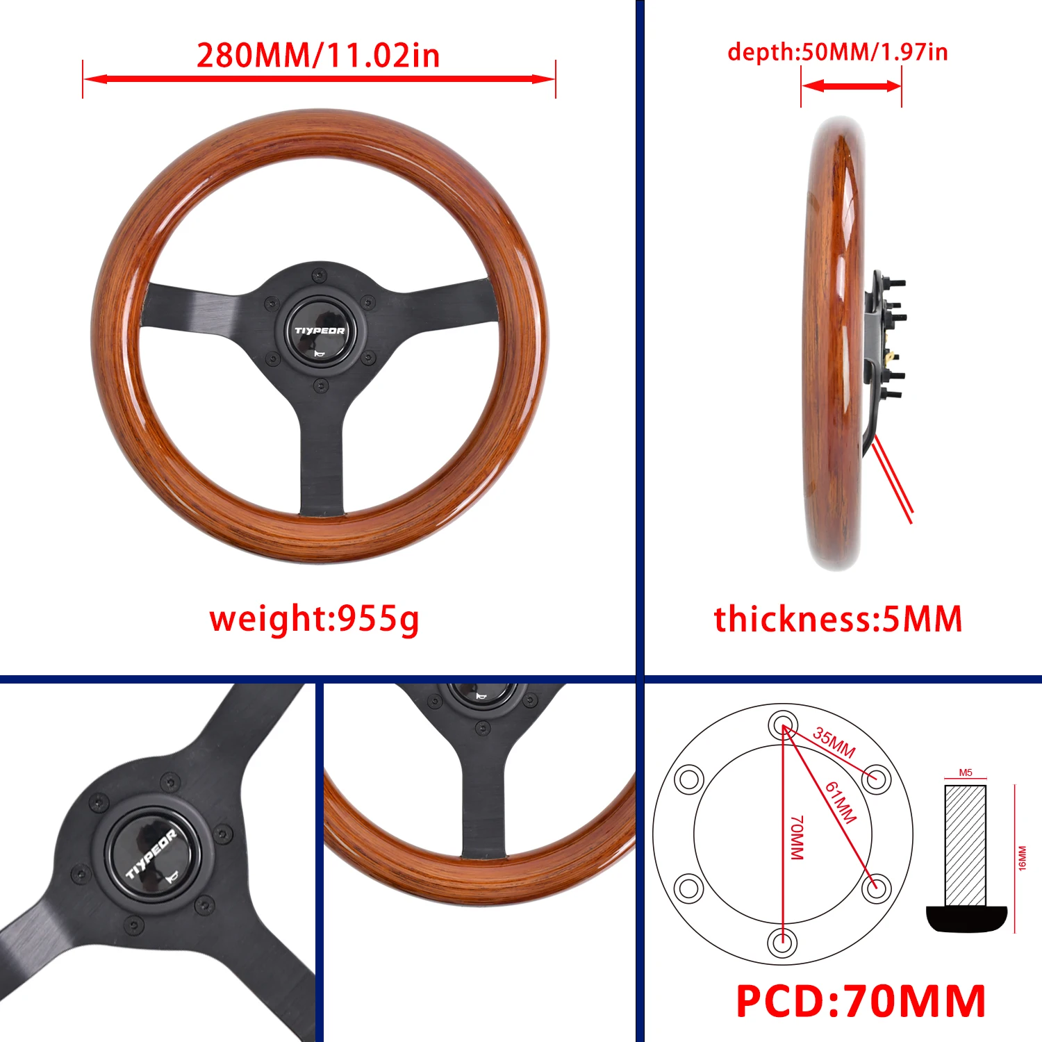280mm Gaming Steering Wheel 11-Inch Retro Wooden Steering Wheel JDM Classic Racing Drift Modified Universal Steering Wheel