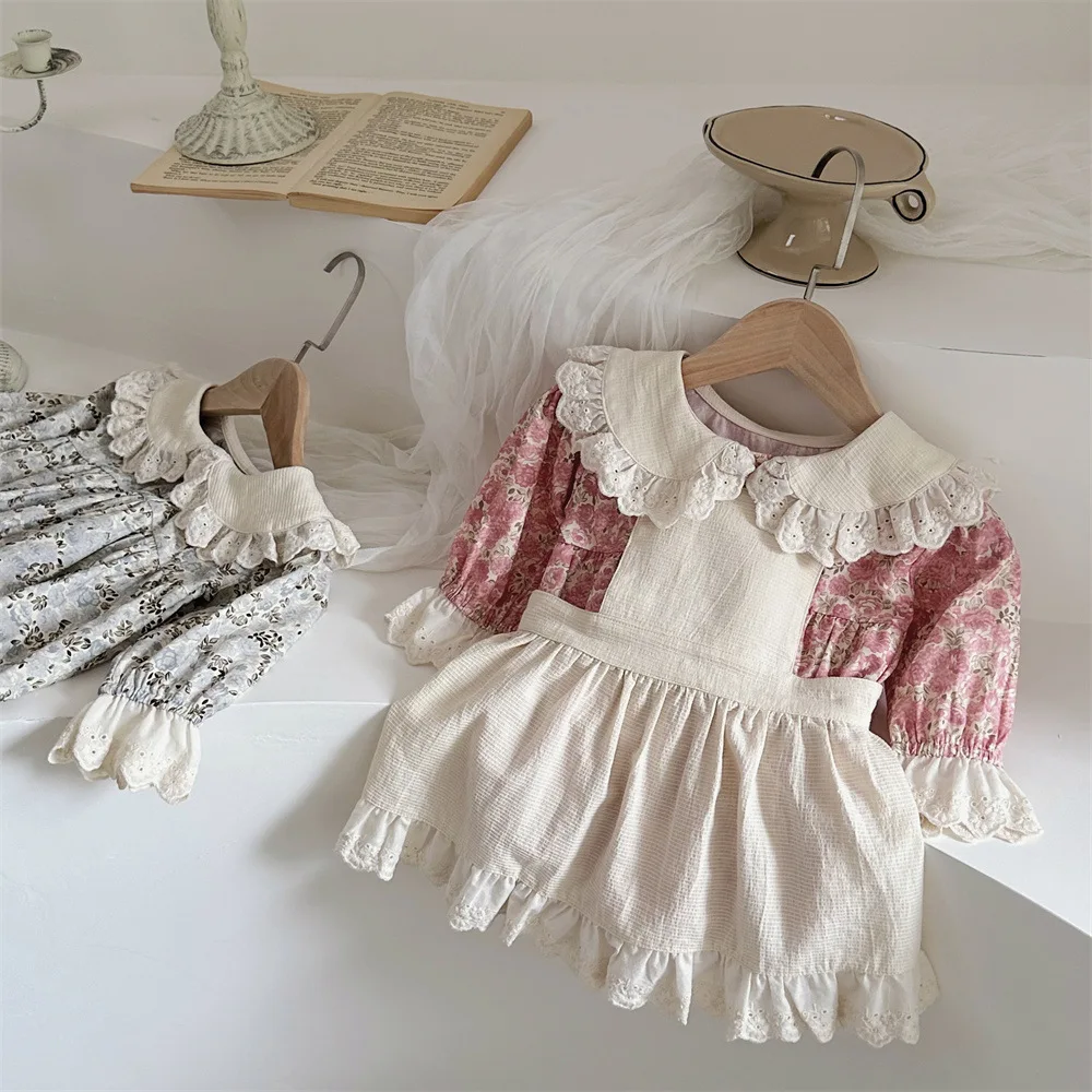 Autumn Baby Girls Clothes Floral Bodysuit &One Piece Peter Pan Collar Bodysuit And Option Apron