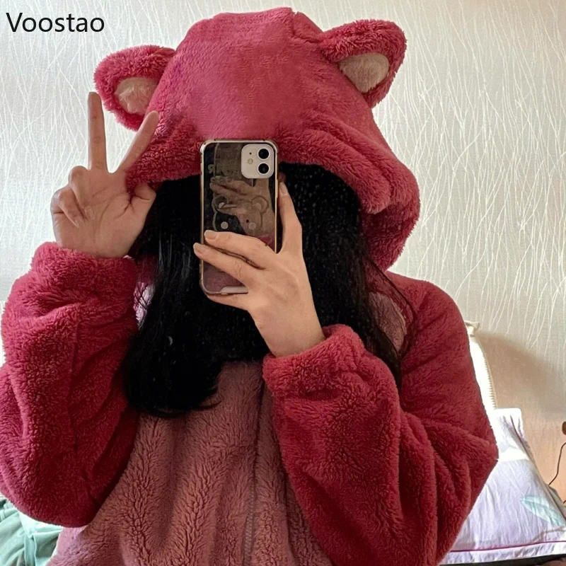 Autumn Winter Women Cute Onesies Pajamas Coral Fleece Warm Cartoon Bear Ears Hooded Pyjamas Girls Sweet Home Clothes Sleepwear